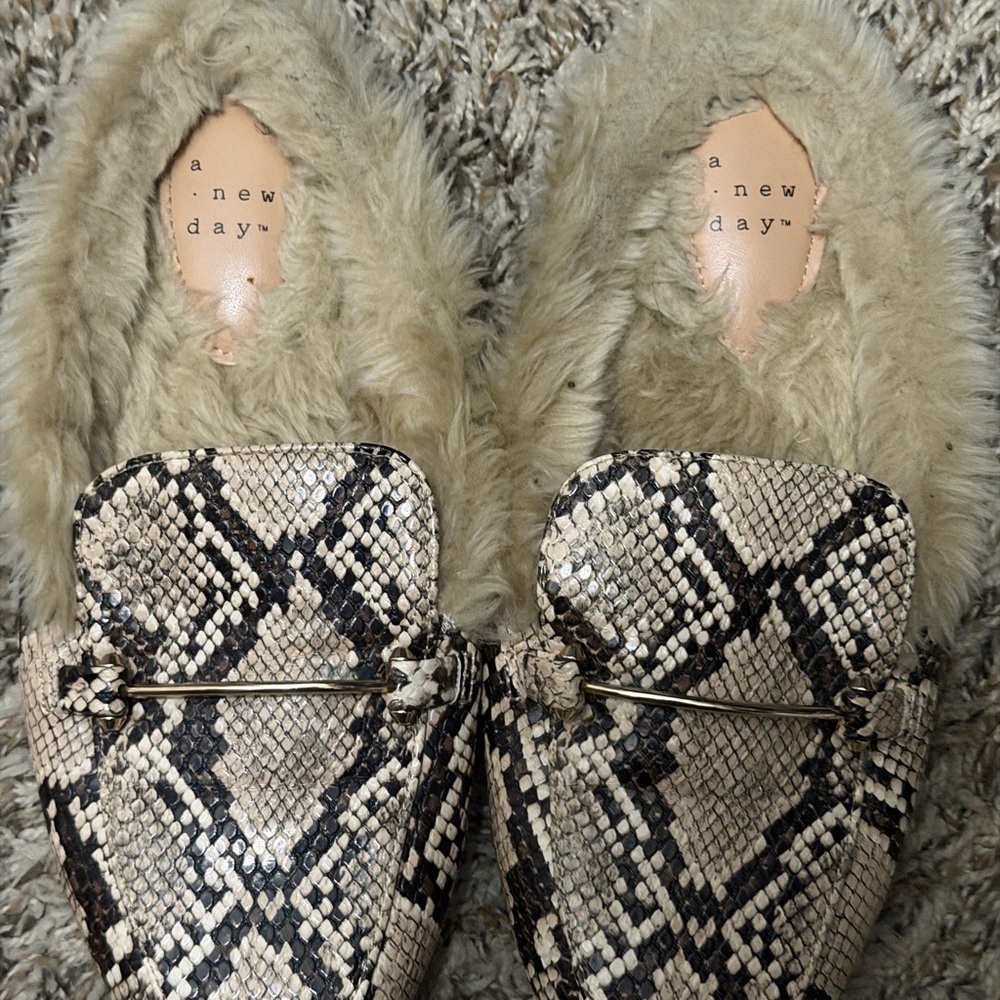 A New Day Women's Beige Snake Print Moccasins with Faux Fur